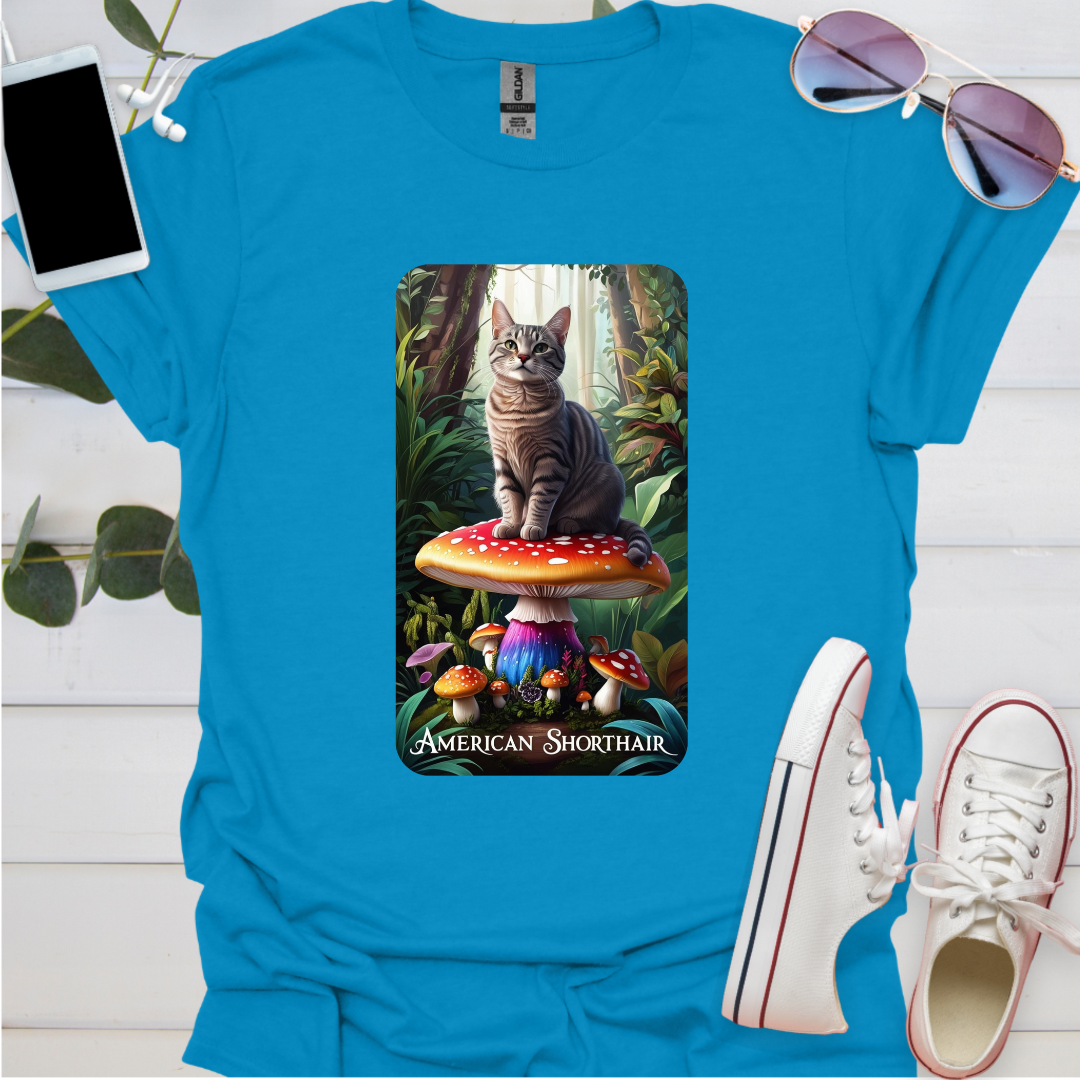 An American Shorthair Cat Sitting on a Mushroom